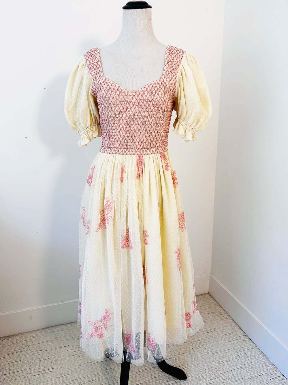 JESSAKAE Aurora Sz S Pink/Cream Midi Dress Coquette Cottagecore Angelcore Floral